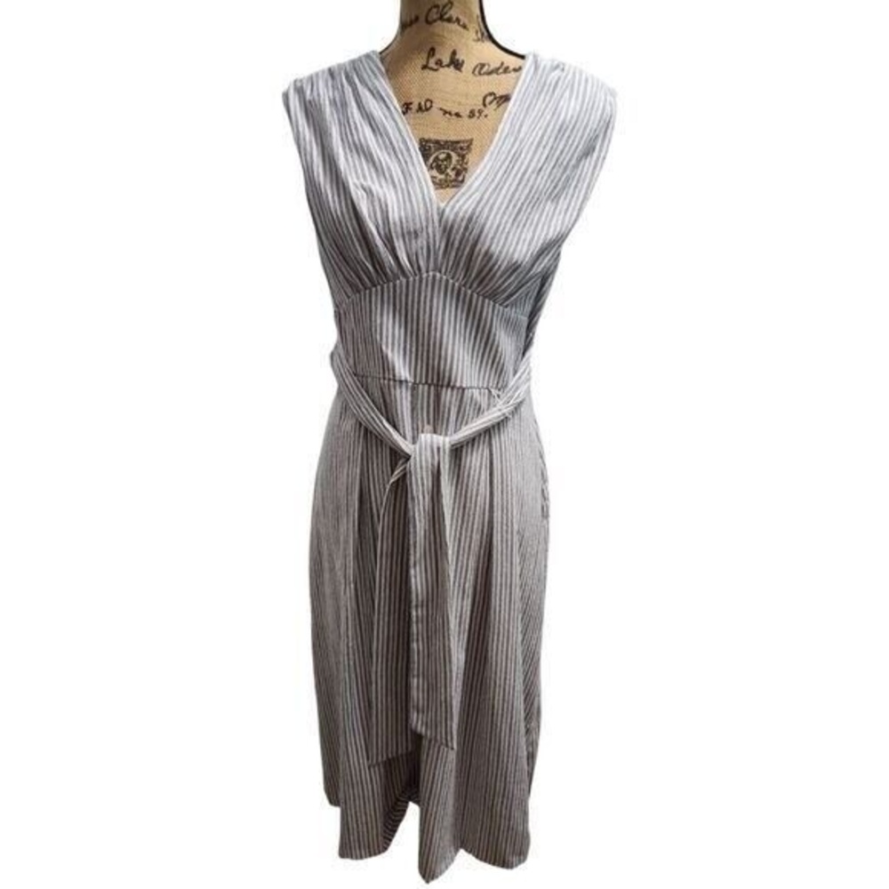 DKNY Striped Midi Dress Sleeveless‎ V-Neck Casual Summer Dress Size 10